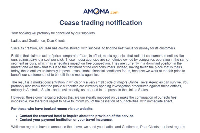 Hotel booking site Amoma.com shuts down
